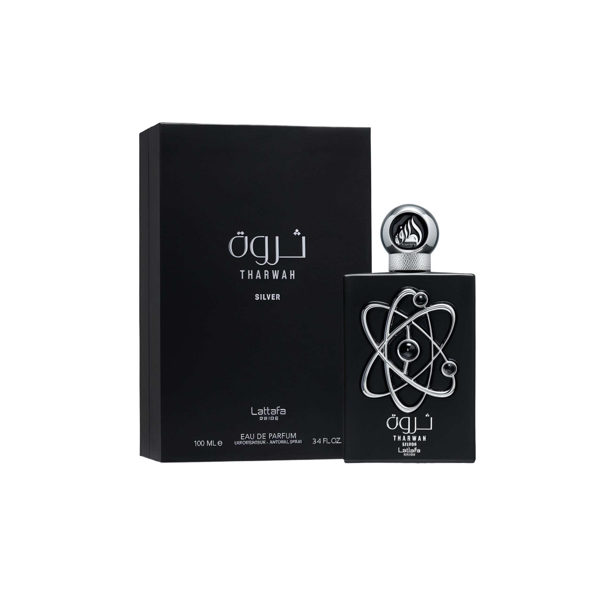 A sleek black rectangular box labeled ‘Tharwah Silver’ by Lattafa, displayed next to a matching black rectangular perfume bottle adorned with interlocking silver rings on the front and topped by a round, decorative silver cap.