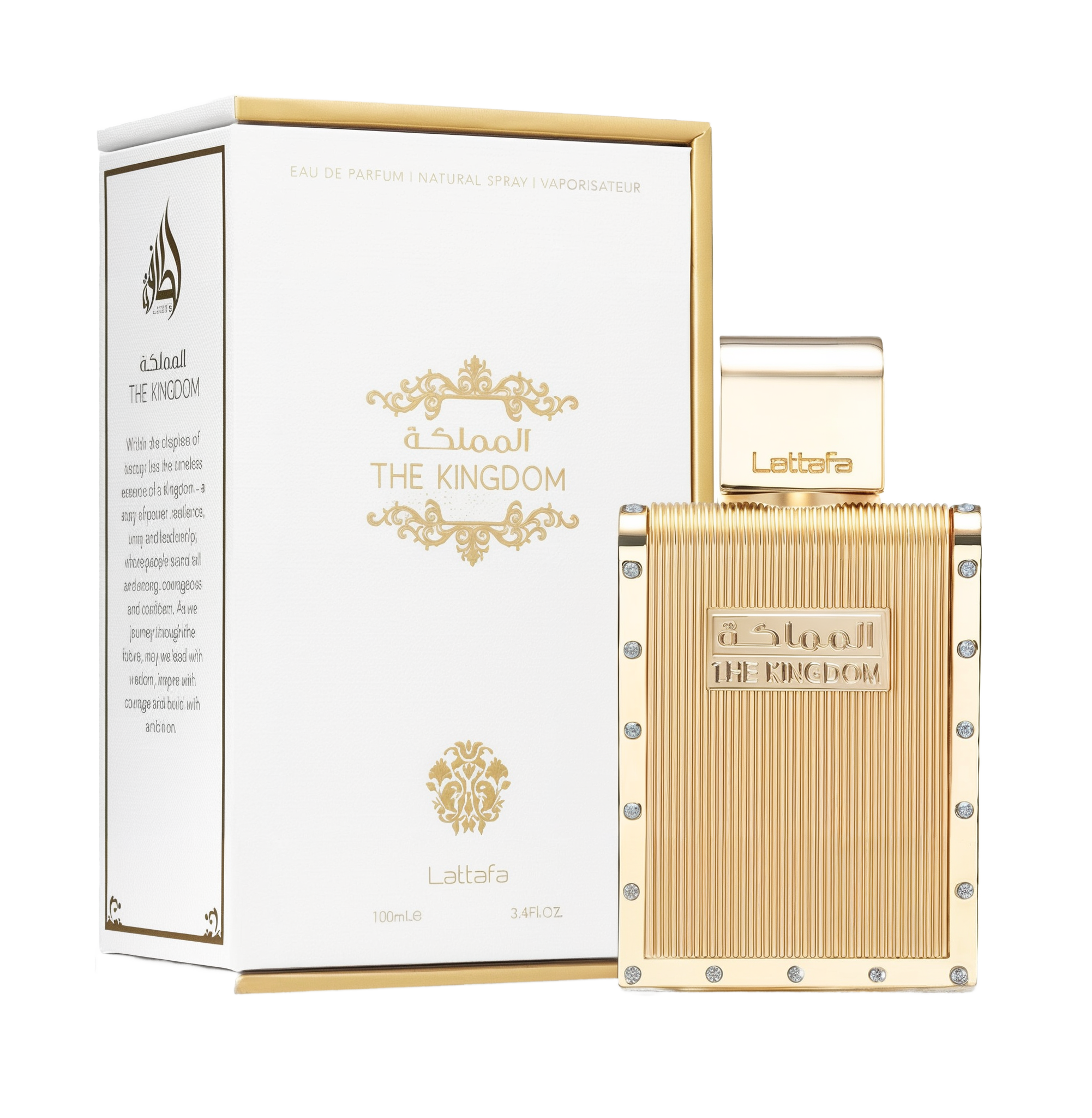 A rectangular gold perfume bottle, accented with vertical ridges and small round crystals along the edges, labeled “The Kingdom” in raised lettering. A matching gold cap features the Lattafa logo, and the bottle is displayed beside a white box embellished with gold flourishes, product details, and “THE KINGDOM” branding.