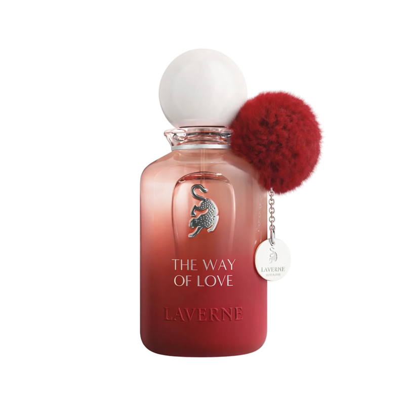 Red gradient perfume bottle with round cap, cat emblem, and red pom pom charm labeled “The Way of Love”.