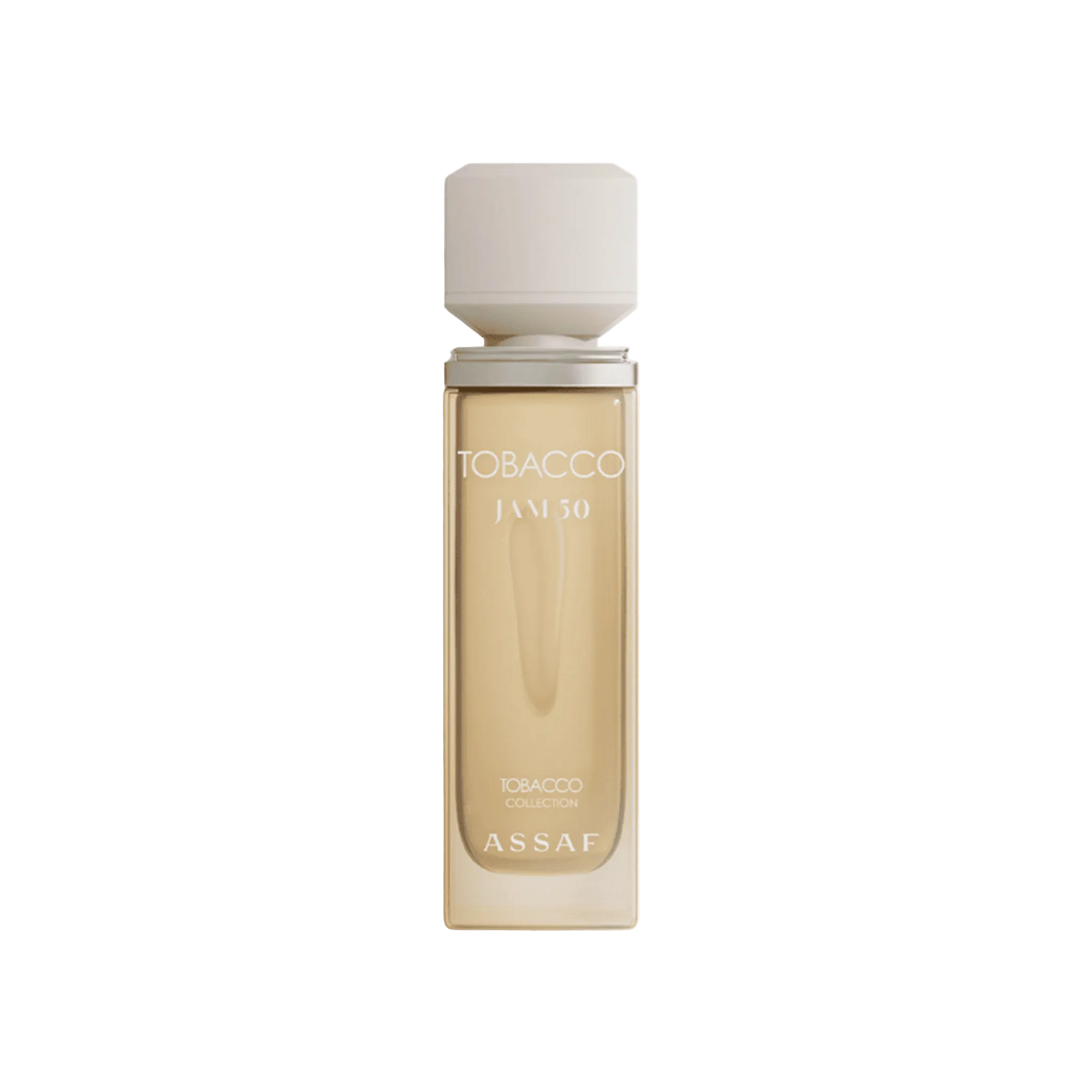 Assaf Tobacco Jam 50 perfume bottle in clear rectangular glass with warm amber liquid and a white cap.