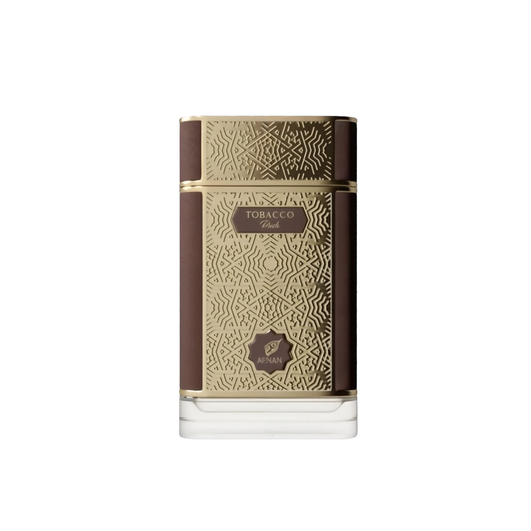 The image shows a sophisticated and elegant bottle of "Tobacco Oud" perfume by Afnan. The perfume bottle has a rectangular shape with a broad base and a short neck. It features a rich, dark brown color with golden geometric patterns that add a touch of intricate detail and luxury. The central part of the bottle has a gold label with the word "TOBACCO" prominently displayed in capital letters, followed by "Oud" in smaller font. 