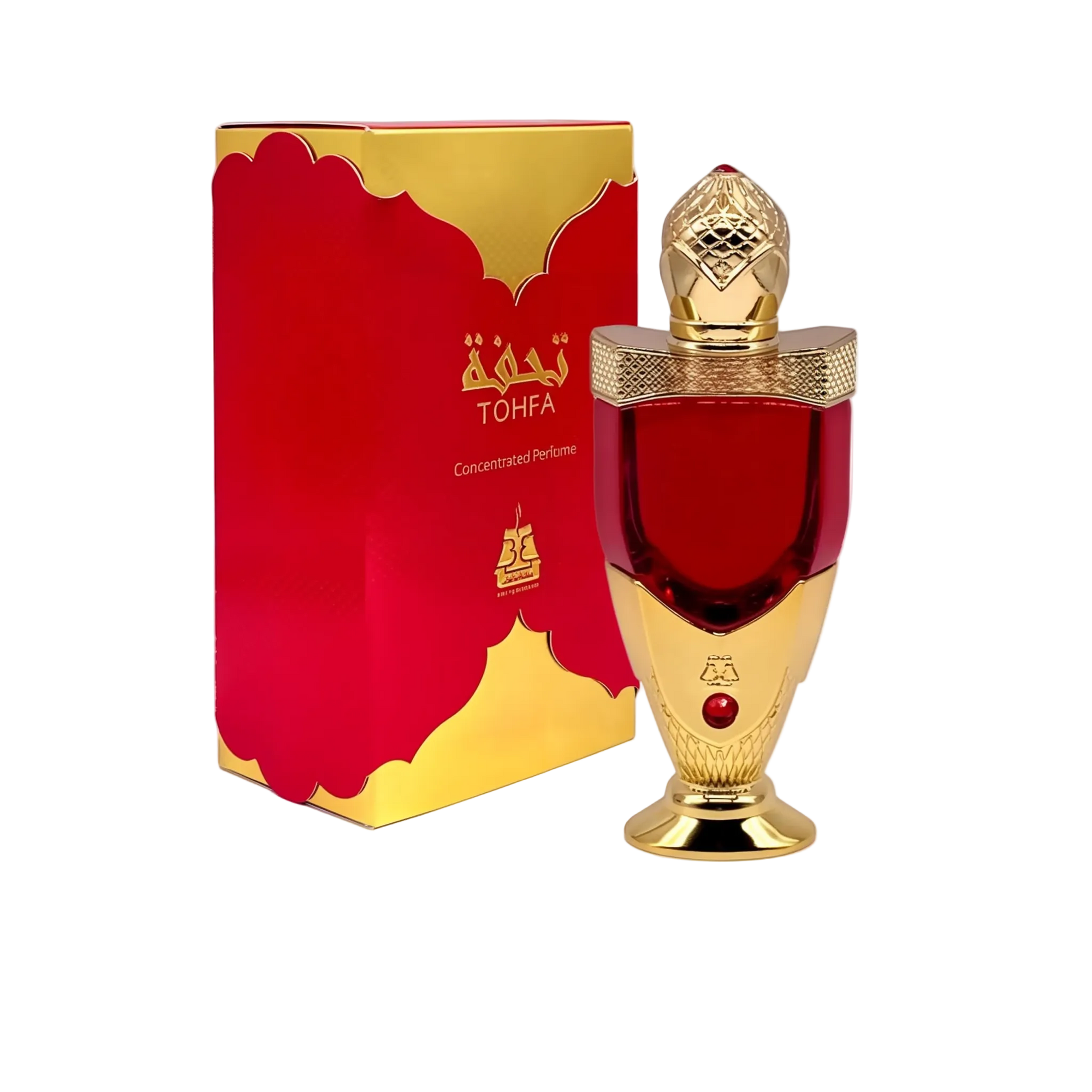 The image shows a luxurious perfume bottle next to its packaging. The bottle has a rich red color with a golden cap, detailed with intricate patterns.