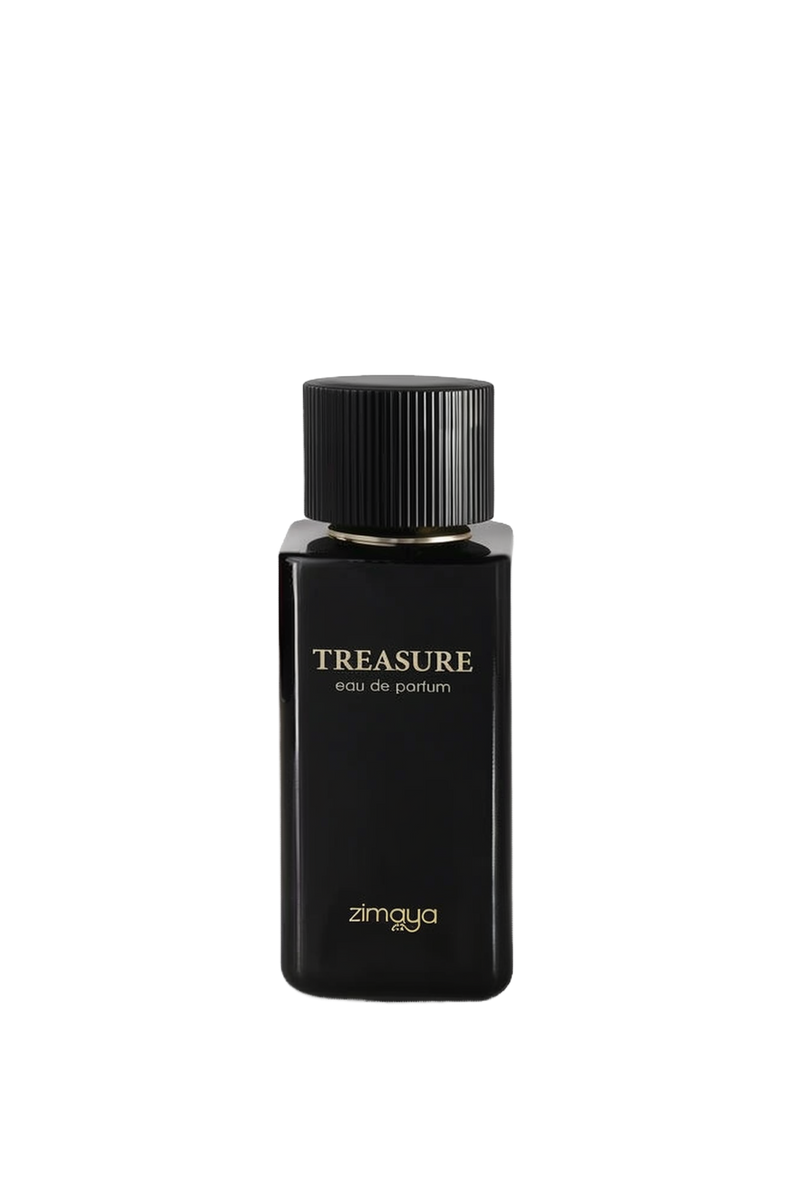 An image of "Treasure" Eau de Parfum by Zimaya. The perfume bottle is sleek and rectangular, featuring a matte black finish with the name "TREASURE" in elegant white lettering on the front. Above, the bottle's cap is ribbed and black, sitting atop a thin gold band that adds a touch of luxury to the design. The branding "zimaya" is also printed in white at the bottom of the bottle.