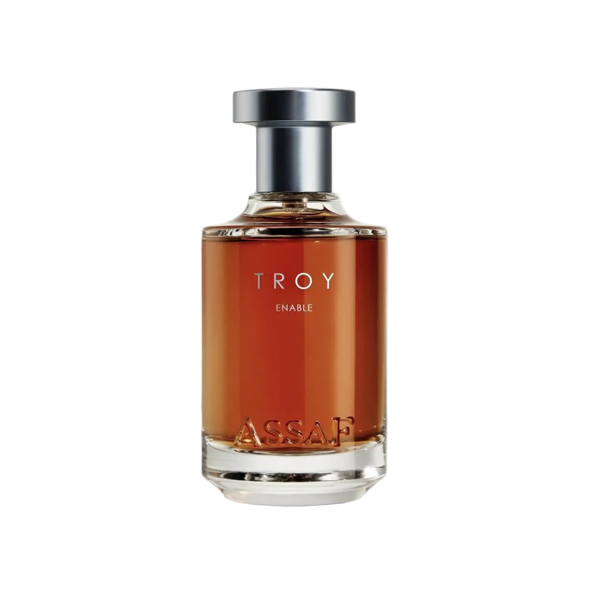 Assaf Troy Enable perfume bottle with amber fragrance and silver cap.