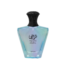 Iridescent blue perfume bottle with black cap and Turathi Electric Afnan branding on front.