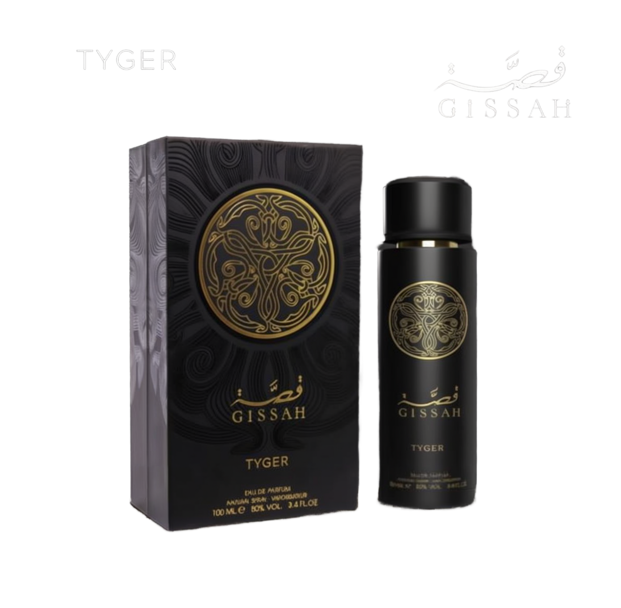 Gissah Tyger Eau De Parfum – a sleek, black perfume bottle with a gold-embossed ornate emblem and Arabic calligraphy, positioned next to its matching black and gold packaging box featuring a similar intricate circular design. The set is styled against a textured, dark stone-like background.