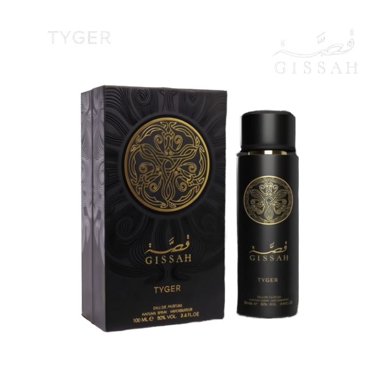 Gissah Tyger Eau De Parfum – a sleek, black perfume bottle with a gold-embossed ornate emblem and Arabic calligraphy, positioned next to its matching black and gold packaging box featuring a similar intricate circular design. The set is styled against a textured, dark stone-like background.