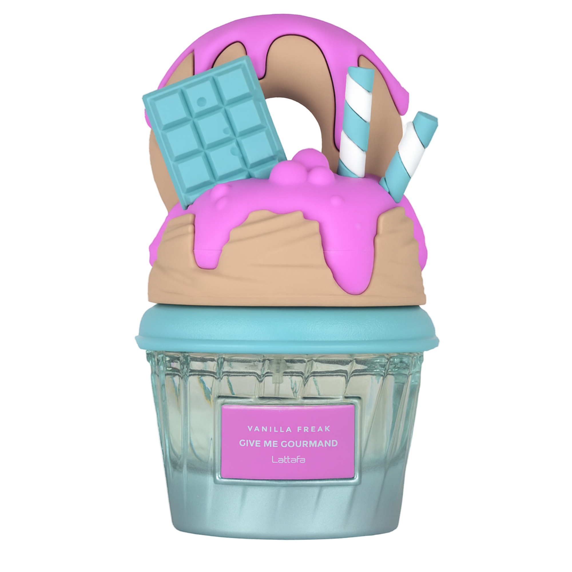 Lattafa Vanilla Freak Give Me Gourmand perfume bottle with donut, chocolate bar, and wafer details in pink and blue tones.