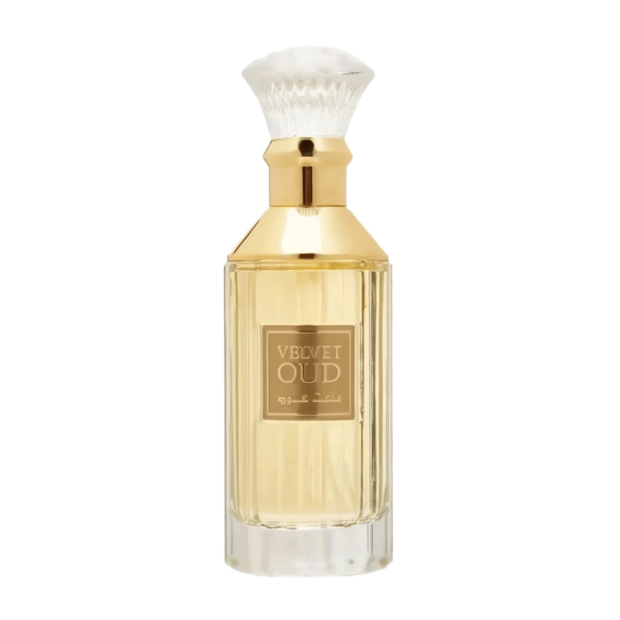 The image is of a perfume bottle:  The bottle has a rectangular shape with clear glass, revealing the golden-colored liquid perfume inside. It features a gold-colored neck and a white, bristle-like applicator that resembles a traditional shaving brush. The front of the bottle has a simple, elegant label with "VELVET OUD" in black letters and Arabic script below it.