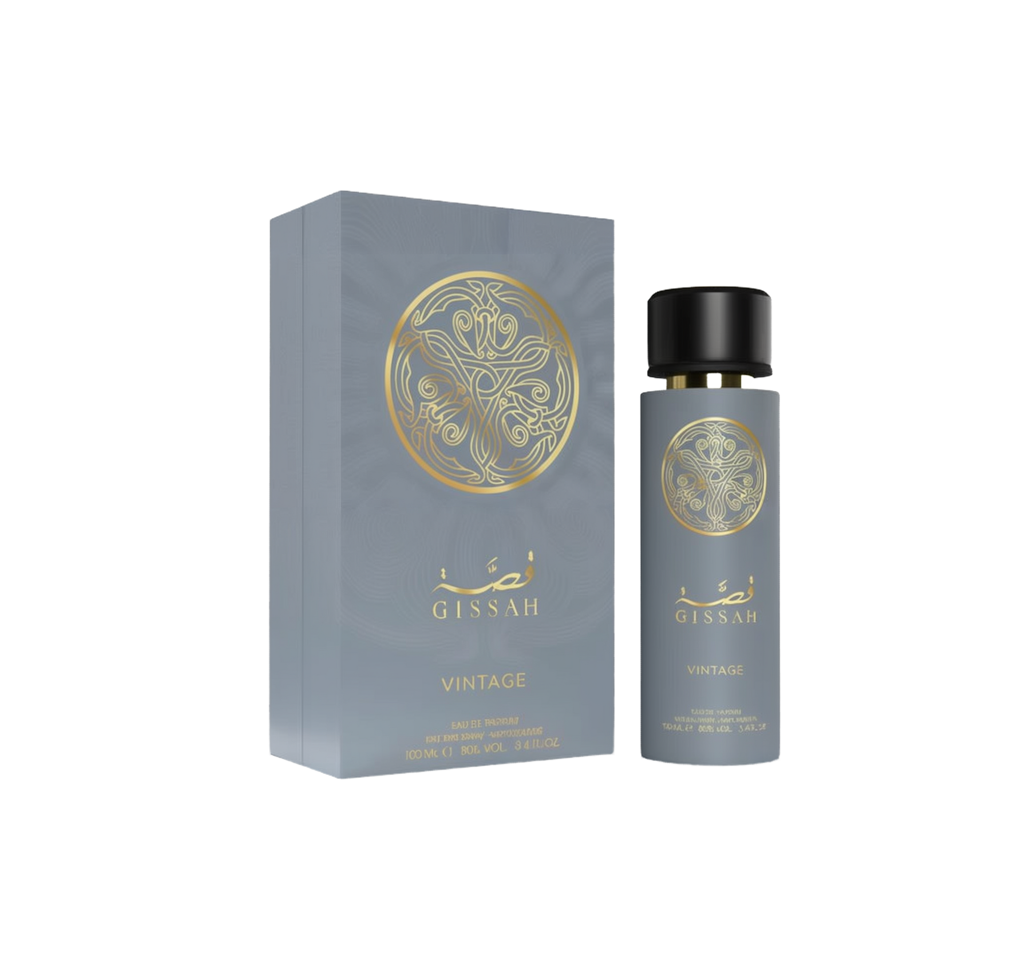 The image of “Gissah Vintage” perfume against a white background: on the left, a tall, matte-gray rectangular gift box featuring a large, circular gold-foil arabesque emblem above Arabic calligraphy and the word “Gissah,” with “Vintage” printed below in gold lettering and product details at the bottom.