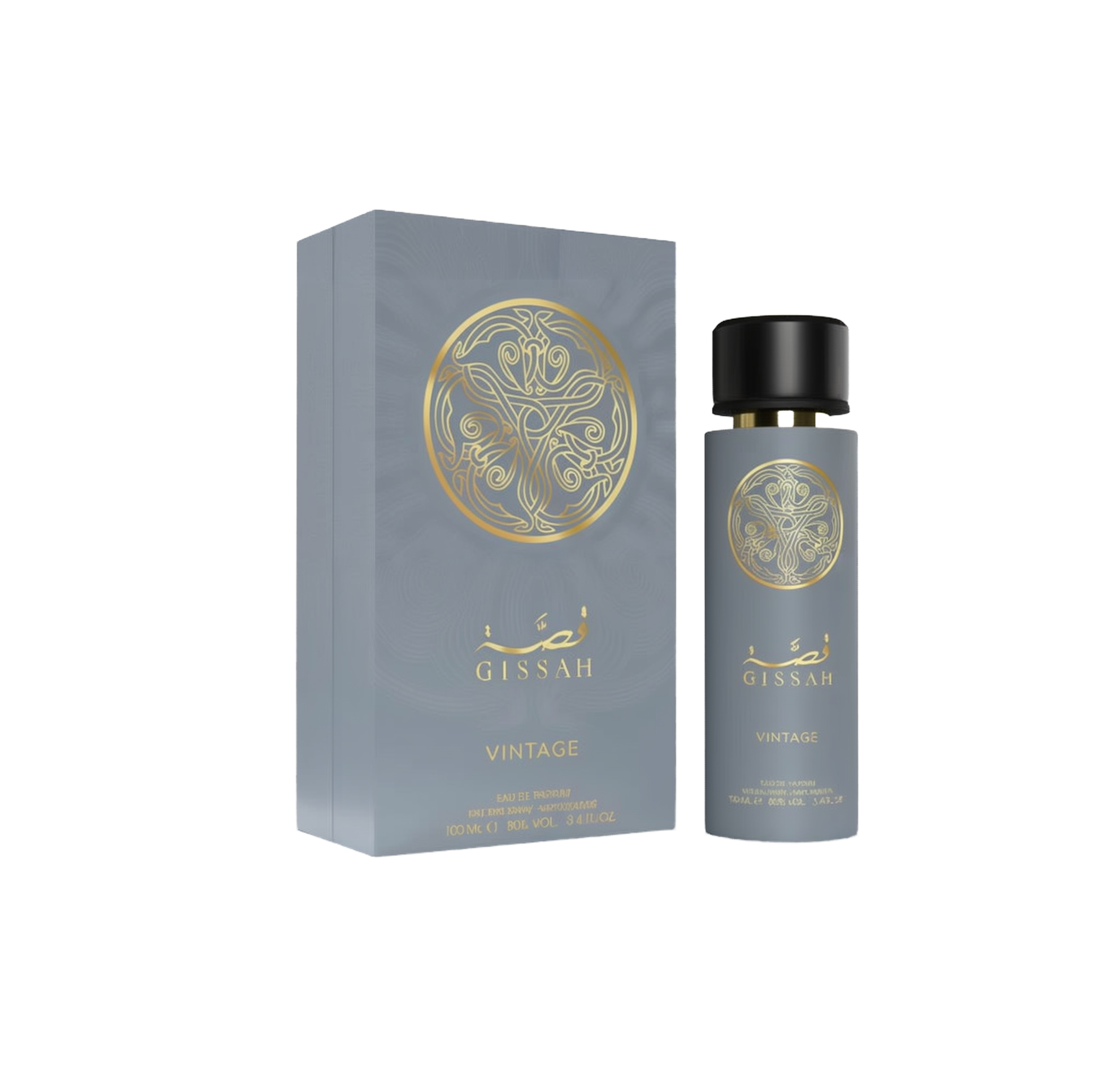 The image of “Gissah Vintage” perfume against a white background: on the left, a tall, matte-gray rectangular gift box featuring a large, circular gold-foil arabesque emblem above Arabic calligraphy and the word “Gissah,” with “Vintage” printed below in gold lettering and product details at the bottom.