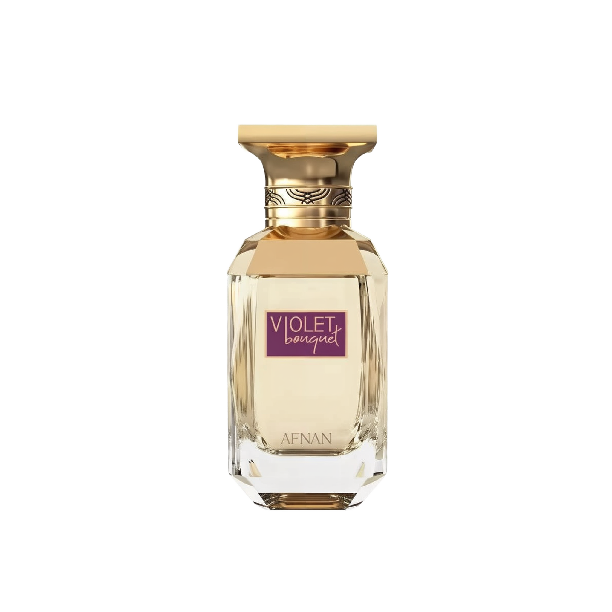 The image displays a perfume bottle with a clear glass and gold accents. The bottle has a geometric shape with a multi-faceted base, creating a crystal-like appearance. The cap is gold with a decorative band that features a braided pattern. A purple label on the bottle reads "VIOLET BOUQUET" in white uppercase letters, and the brand name "AFNAN" is displayed at the bottom of the label in smaller text. 