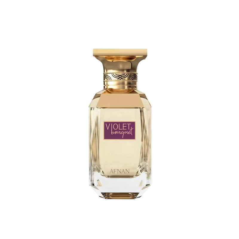The image displays a perfume bottle with a clear glass and gold accents. The bottle has a geometric shape with a multi-faceted base, creating a crystal-like appearance. The cap is gold with a decorative band that features a braided pattern. A purple label on the bottle reads "VIOLET BOUQUET" in white uppercase letters, and the brand name "AFNAN" is displayed at the bottom of the label in smaller text. 