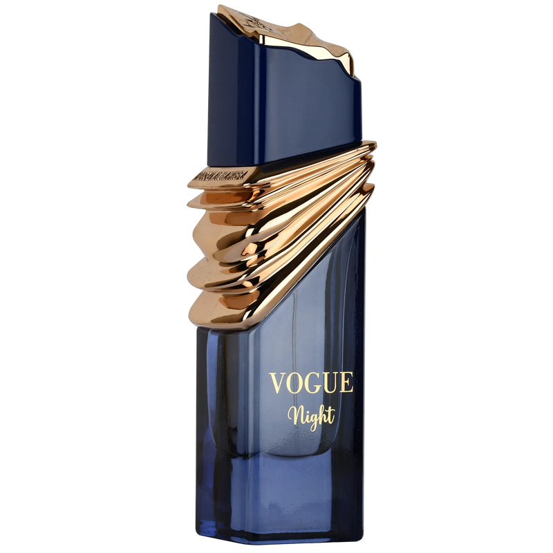 Vogue Night perfume bottle in dark blue glass with sculpted gold detailing and angular cap.