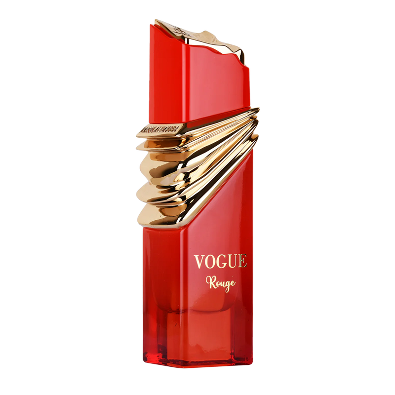 Vogue Rouge perfume bottle in bold red glass with sculpted gold detailing and angular top.