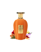 The images feature "Voux Patisserie" Eau De Parfum by Paris Corner. The bottle has a luxurious design with a velvety orange exterior and a prominent gold label that reads "Voux Patisserie." It is topped with a gold, crown-like cap, giving it an elegant an