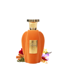 The images feature "Voux Patisserie" Eau De Parfum by Paris Corner. The bottle has a luxurious design with a velvety orange exterior and a prominent gold label that reads "Voux Patisserie." It is topped with a gold, crown-like cap, giving it an elegant an