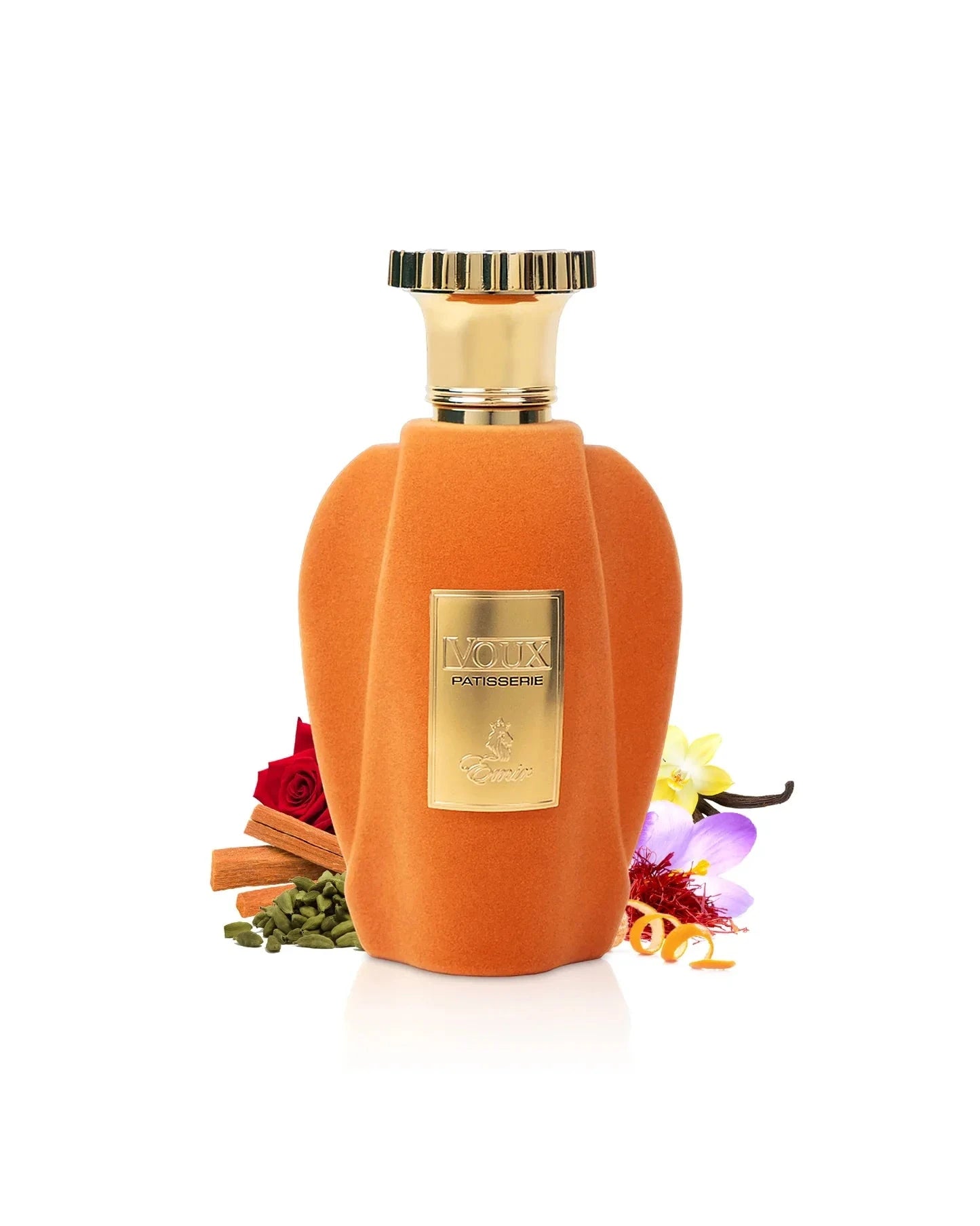 The images feature "Voux Patisserie" Eau de Parfum by Paris Corner. The bottle has a luxurious design with a velvety orange exterior and a prominent gold label that reads "Voux Patisserie." It is topped with a gold, crown-like cap, giving it an elegant an