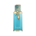 Turquoise perfume bottle with a gold snake wrap and patterned cap, featuring gold Vulcan Feu branding.