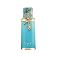 Turquoise perfume bottle with a gold snake wrap and patterned cap, featuring gold Vulcan Feu branding.