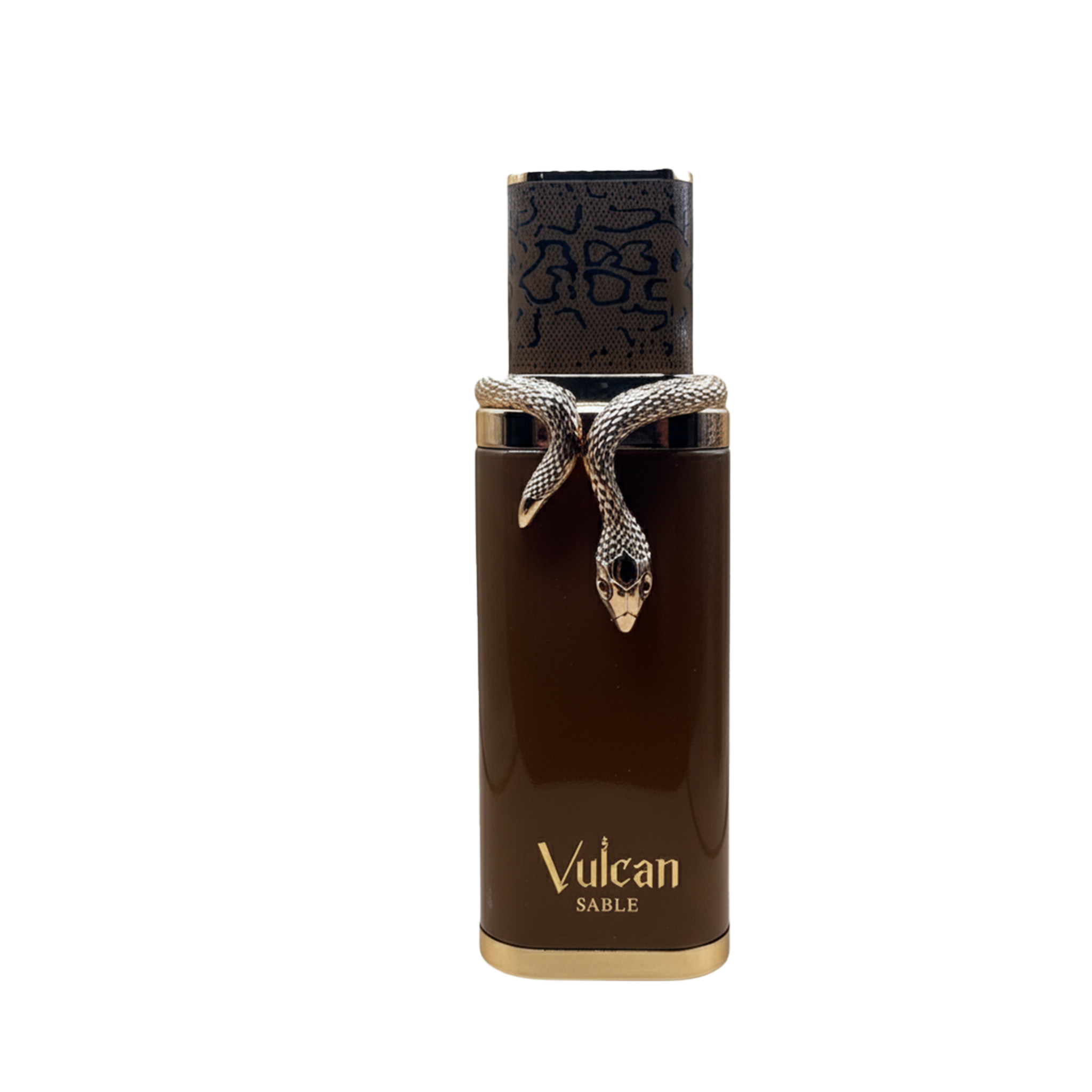 Vulcan Sable perfume bottle in dark brown with gold accents and a coiled snake design on the neck.