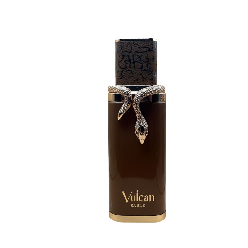 Vulcan Sable perfume bottle in dark brown with gold accents and a coiled snake design on the neck.