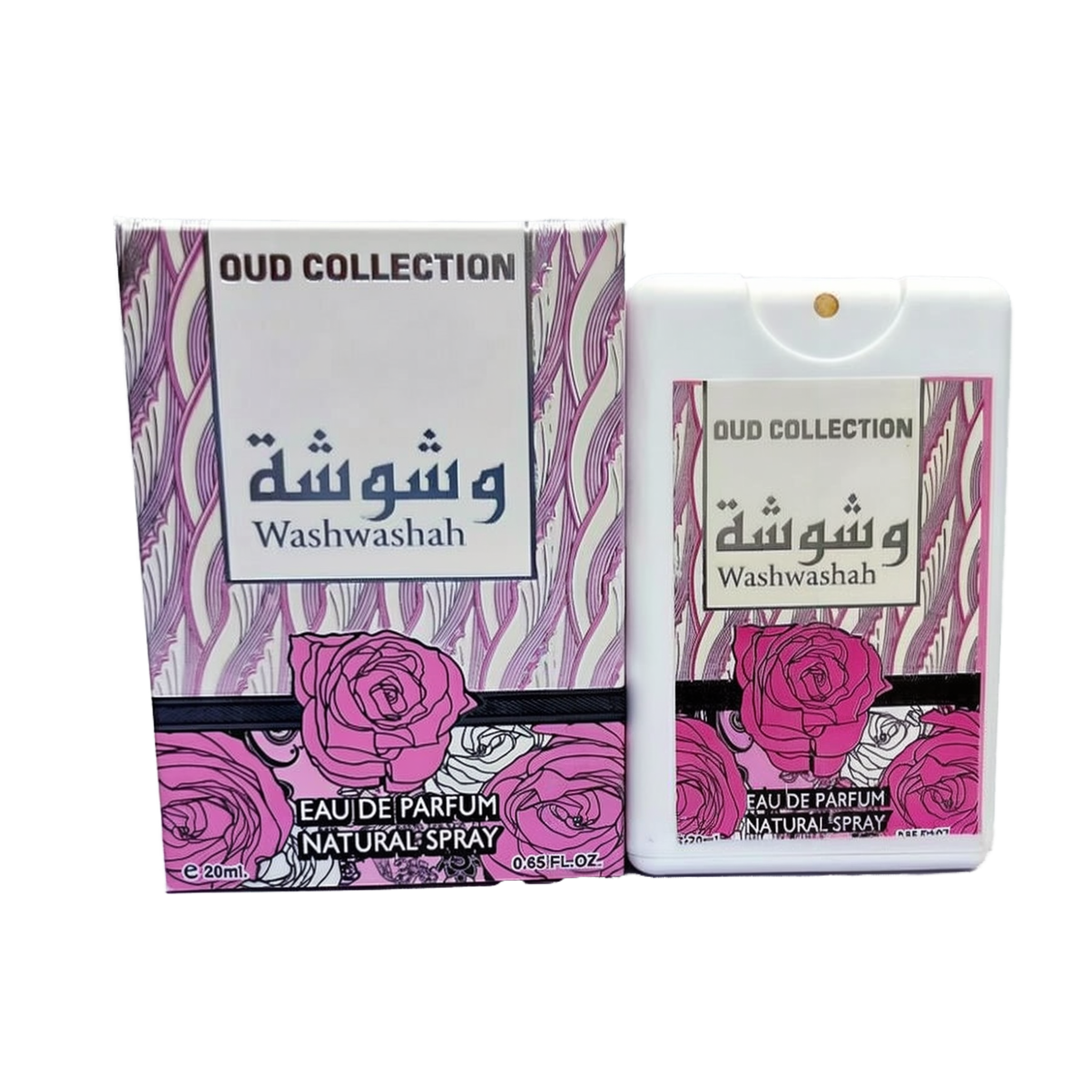 The image shows a perfume product named "Washwashah" from the Oud Collection by Ard Al Zaafaran. The packaging box features a pink and white wavy pattern with illustrations of roses at the bottom. The product name "Washwashah" is displayed in both Arabic 