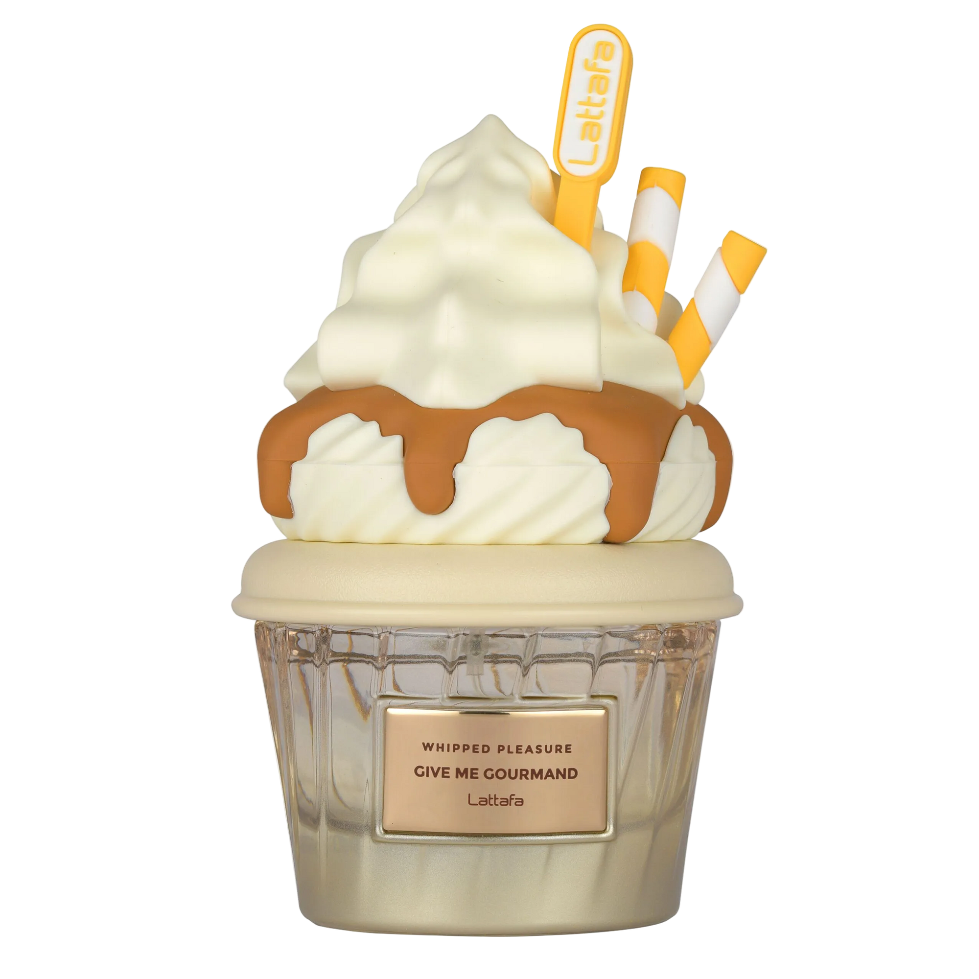 Lattafa Whipped Pleasure Give Me Gourmand perfume bottle shaped like a dessert jar with whipped cream and straw details.