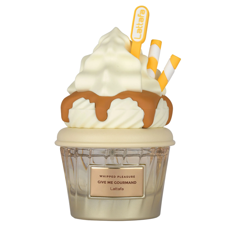 Lattafa Whipped Pleasure Give Me Gourmand perfume bottle shaped like a dessert jar with whipped cream and straw details.