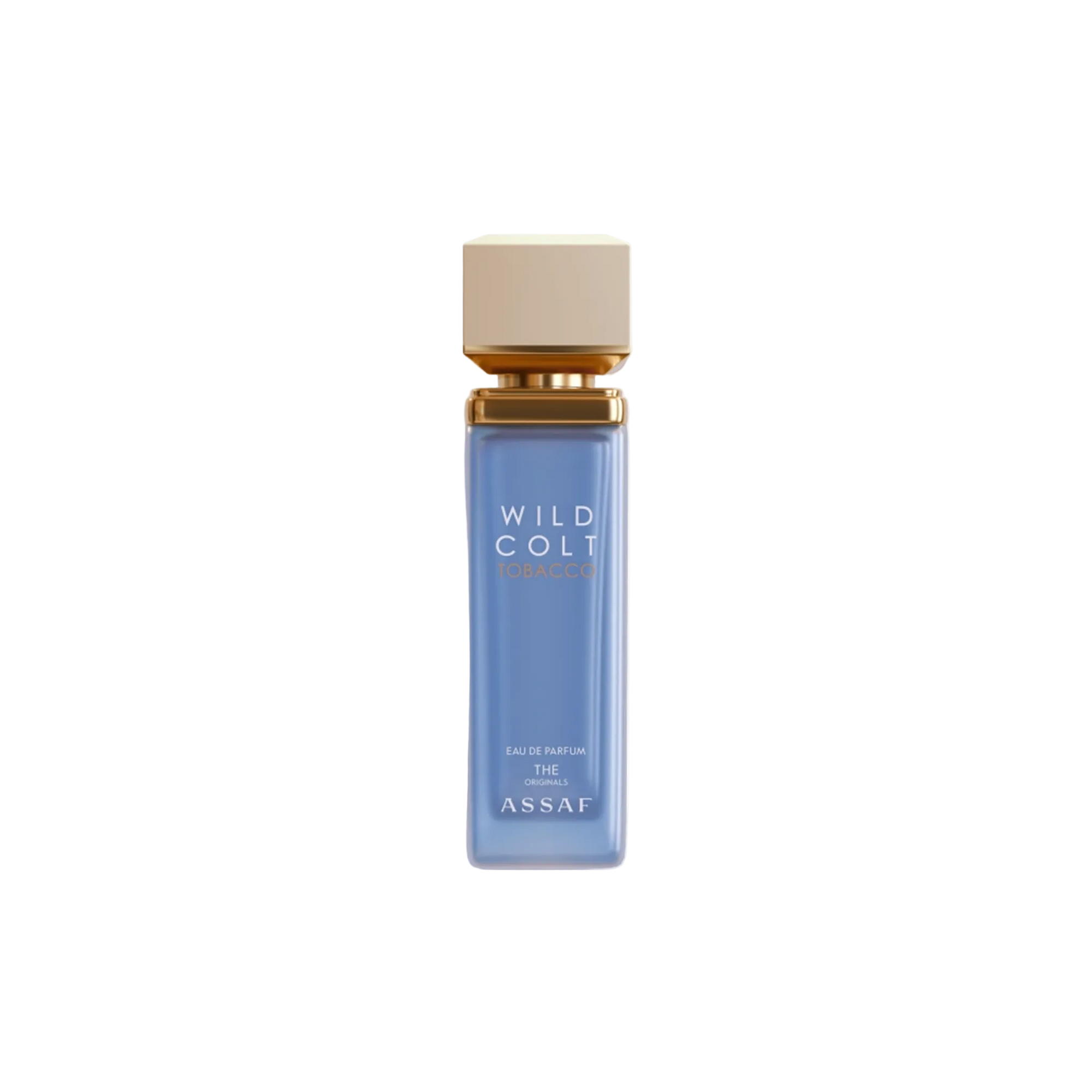 Assaf Wild Colt Tobacco Eau De Parfum bottle in soft blue glass with a beige square cap and gold collar.