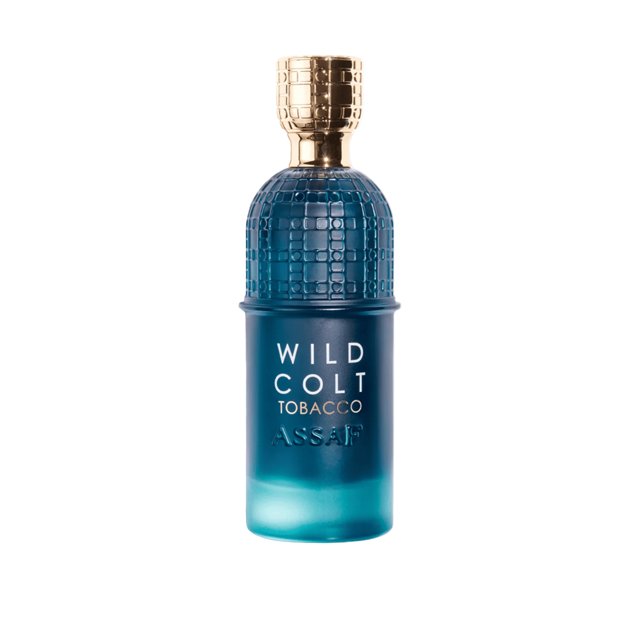 Assaf Wild Colt Tobacco perfume bottle in deep teal glass with a textured design and gold cap.