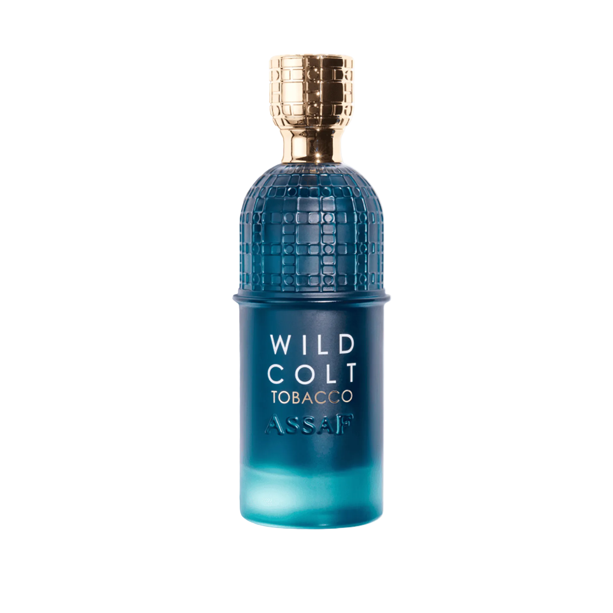 Assaf Wild Colt Tobacco perfume bottle in deep teal glass with a textured design and gold cap.