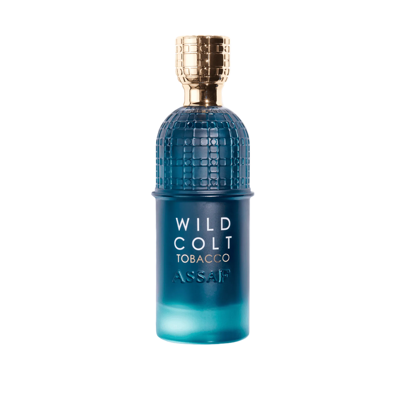 Assaf Wild Colt Tobacco perfume bottle in deep teal glass with a textured design and gold cap.