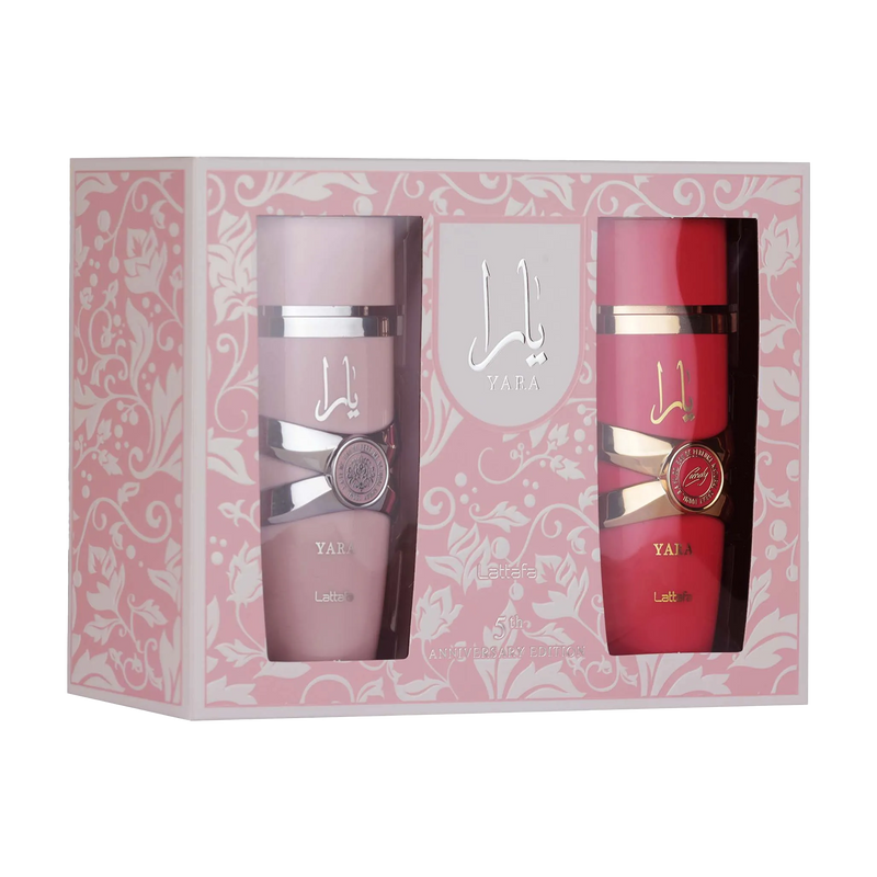 Lattafa Yara Perfume Gift Set, one in light pink and deep red, both with silver accents and embossed details.