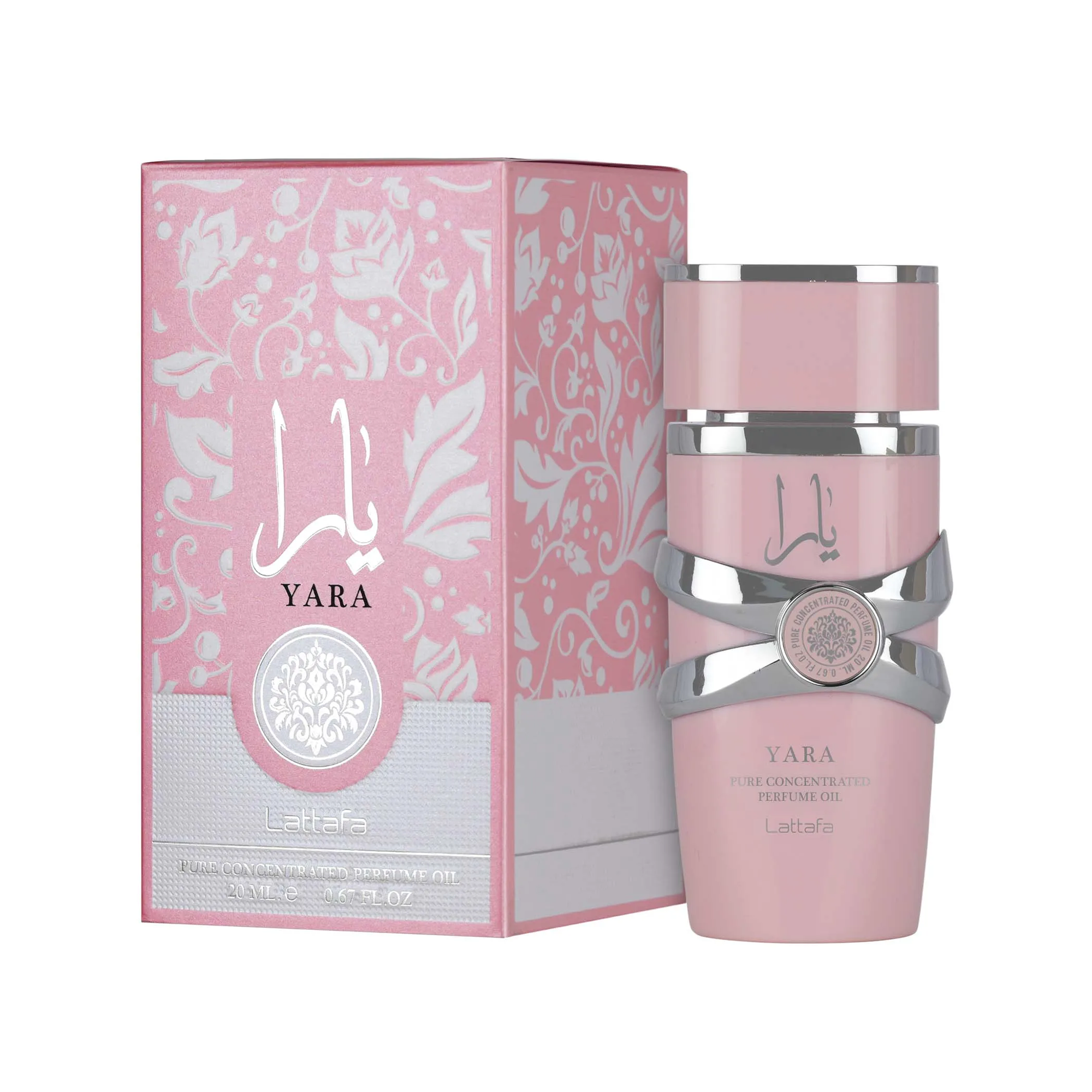 Yara pure concentrated perfume oil by Lattafa, featuring a soft pink bottle with silver accents displayed beside its matching pink box.