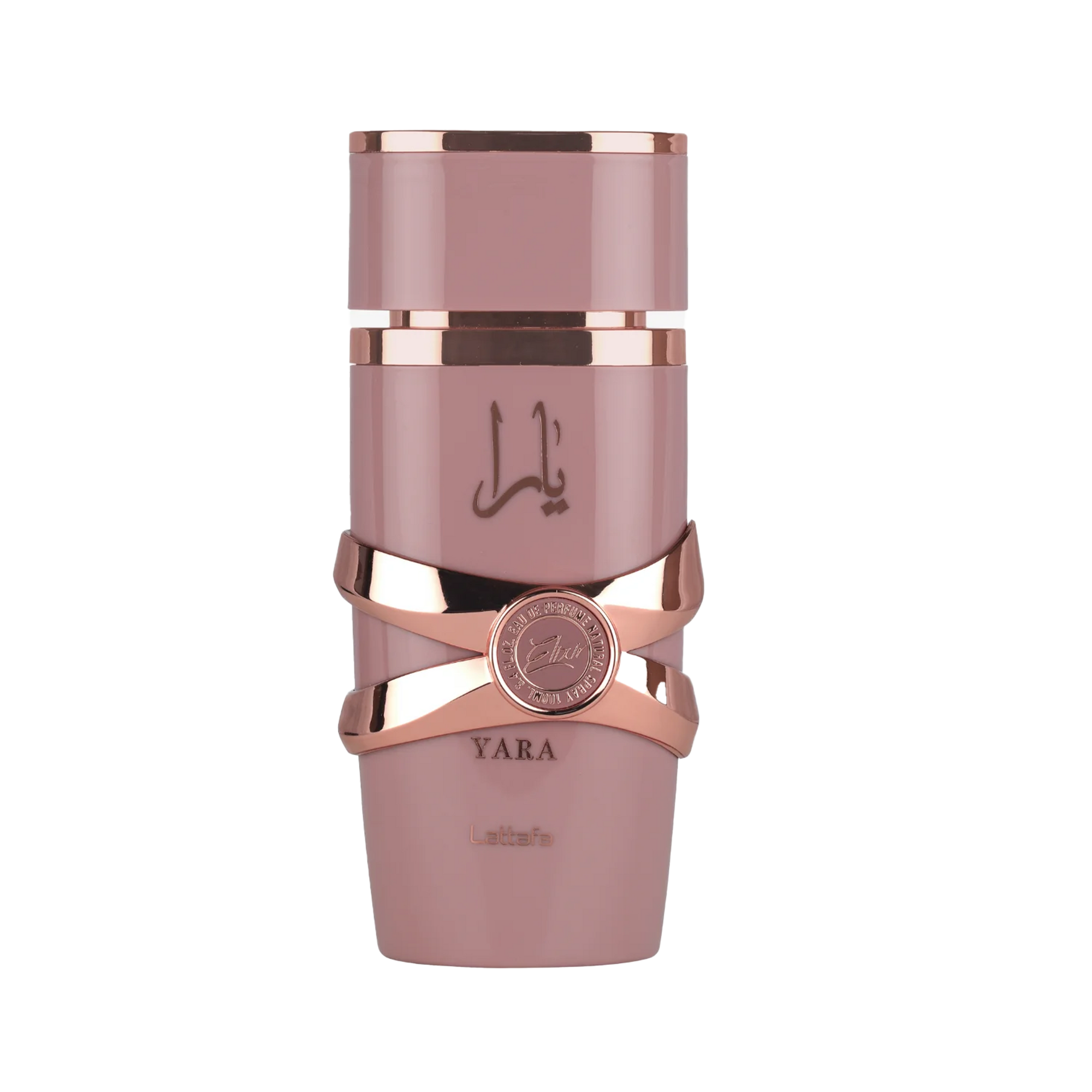 Lattafa Yara Elixir perfume bottle in dusty pink with rose gold accents and Arabic script, featuring a round emblem detail.
