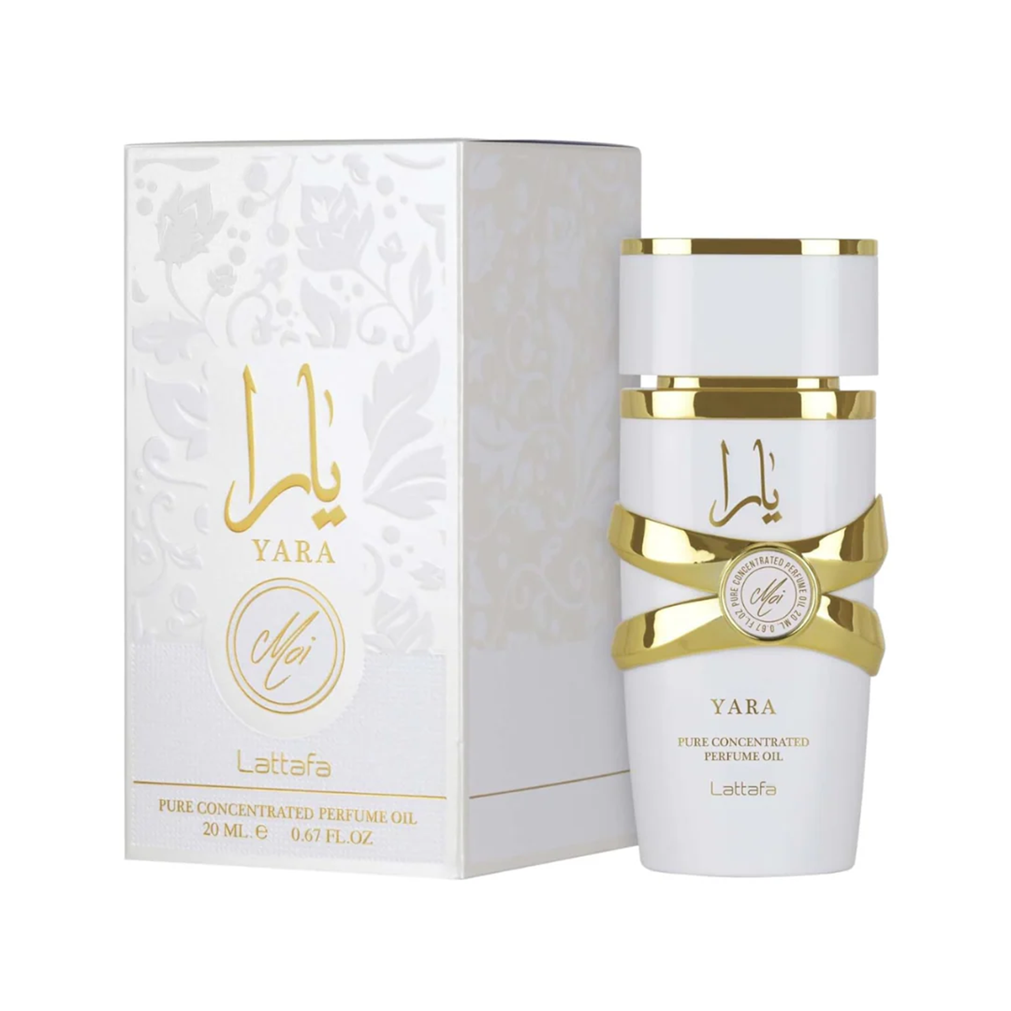 Yara Moi pure concentrated perfume oil by Lattafa, presented in a white bottle with gold accents, displayed next to its matching white embossed box.