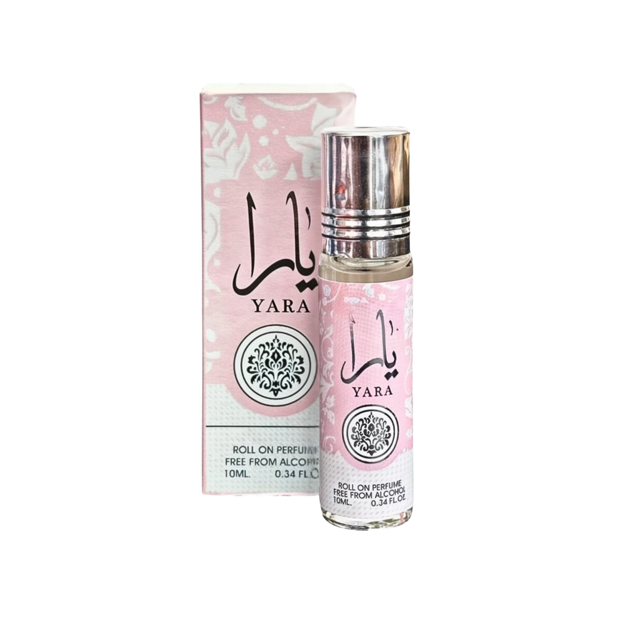Yara Roll-On Perfume Oil bottle with a pink floral pattern, bottle & box have the name ‘YARA’ in English & Arabic.