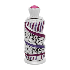 A decorative perfume bottle with a silver and purple design. The bottle features intricate silver filigree patterns and purple enamel stripes. The top of the bottle is adorned with a silver crown-like cap and a pink crystal embellishment.