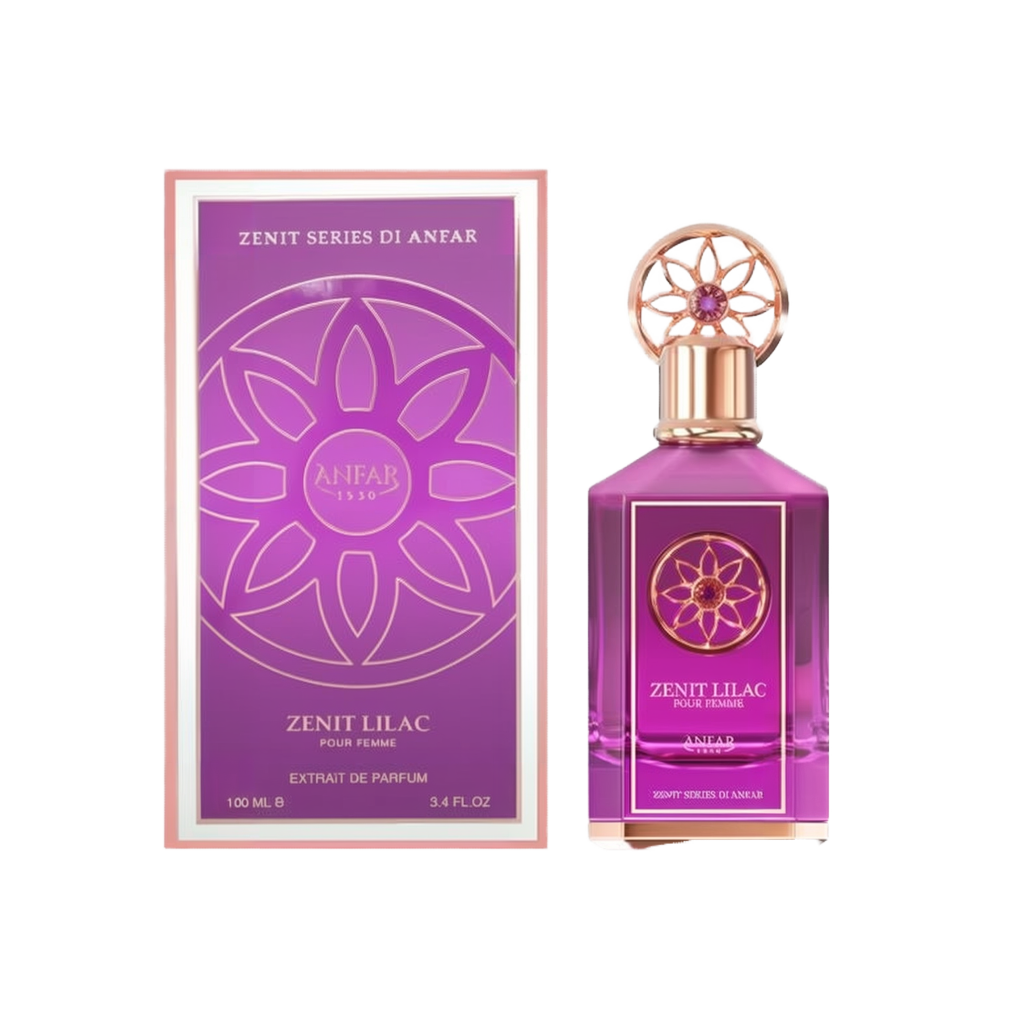 The image features a perfume product called "Zenit Lilac Pour Femme" by Anfar. The perfume bottle is a vibrant purple with a golden cap adorned with an intricate floral design and a central purple gem. The label on the bottle displays the name "Zenit Lila