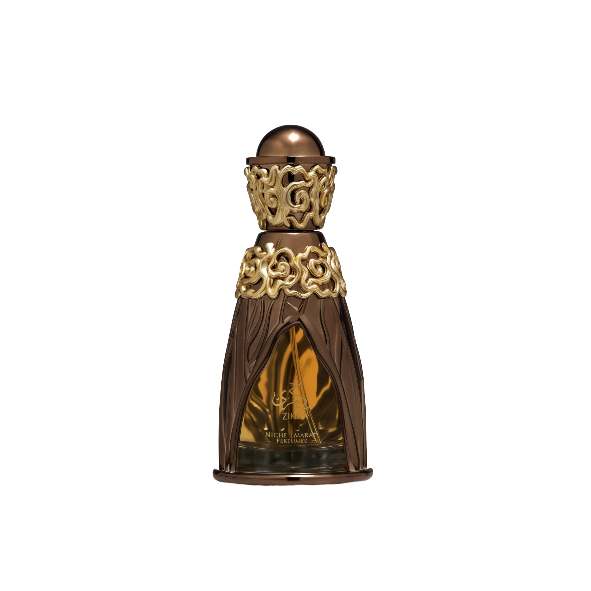 A luxurious perfume bottle for 'Zikra' from the Niche Emarati collection by Lattafa. The bottle has an ornate golden and bronze design, featuring intricate floral patterns at the neck and base. The body of the bottle is translucent, showcasing the amber-c