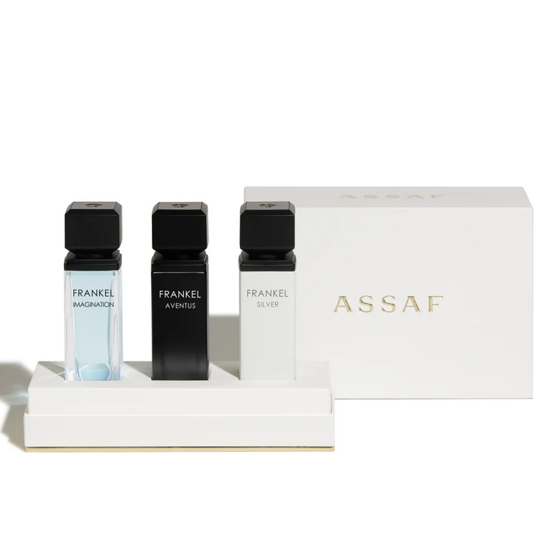 Three Frankel perfume bottles with a white box labeled 'Assaf' on a white background