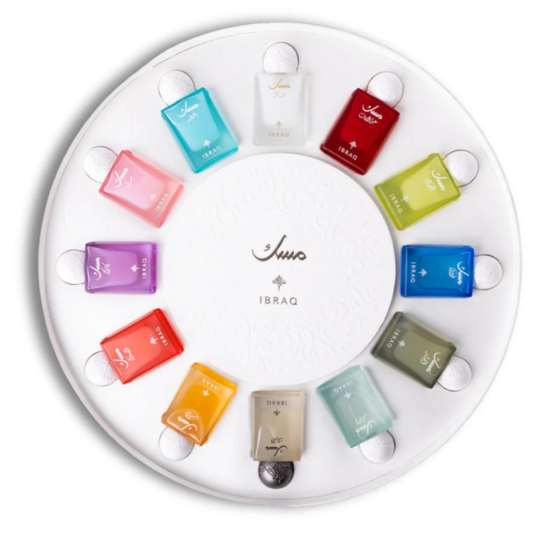 Circular display of colorful small bottles with 'Ibraq' branding on a white background