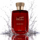 A red glass perfume bottle labeled 'HAWAS MAJESTIC' with a gold cap, surrounded by water splashes on a white background.