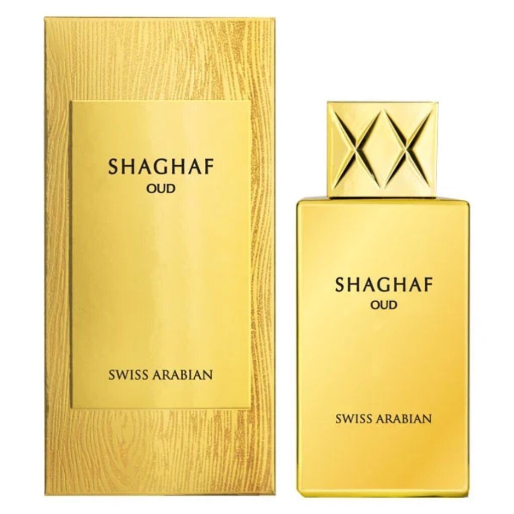Shaghaf Oud perfume bottle and packaging with 'Swiss Arabian' branding on a white background